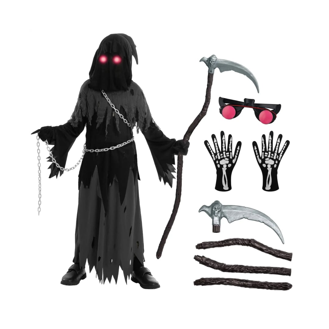 Kids' Halloween Grim Reaper Costume with Glowing Eyes and Toy Scythe - Image 4