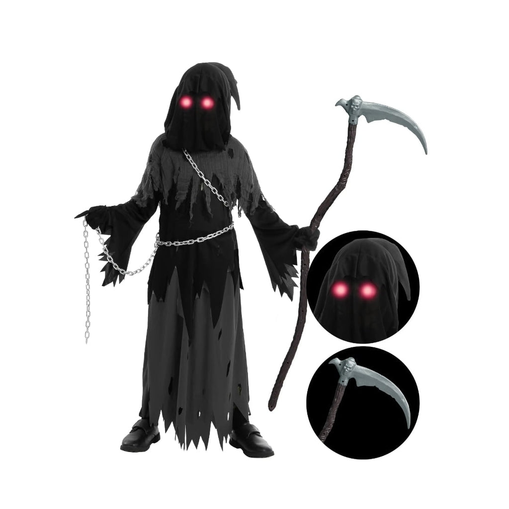 Kids' Halloween Grim Reaper Costume with Glowing Eyes and Toy Scythe - Image 5