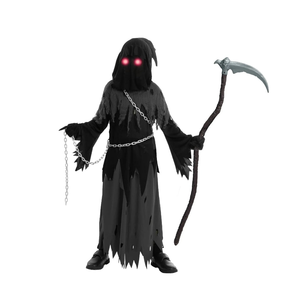 Kids' Halloween Grim Reaper Costume with Glowing Eyes and Toy Scythe - Image 6