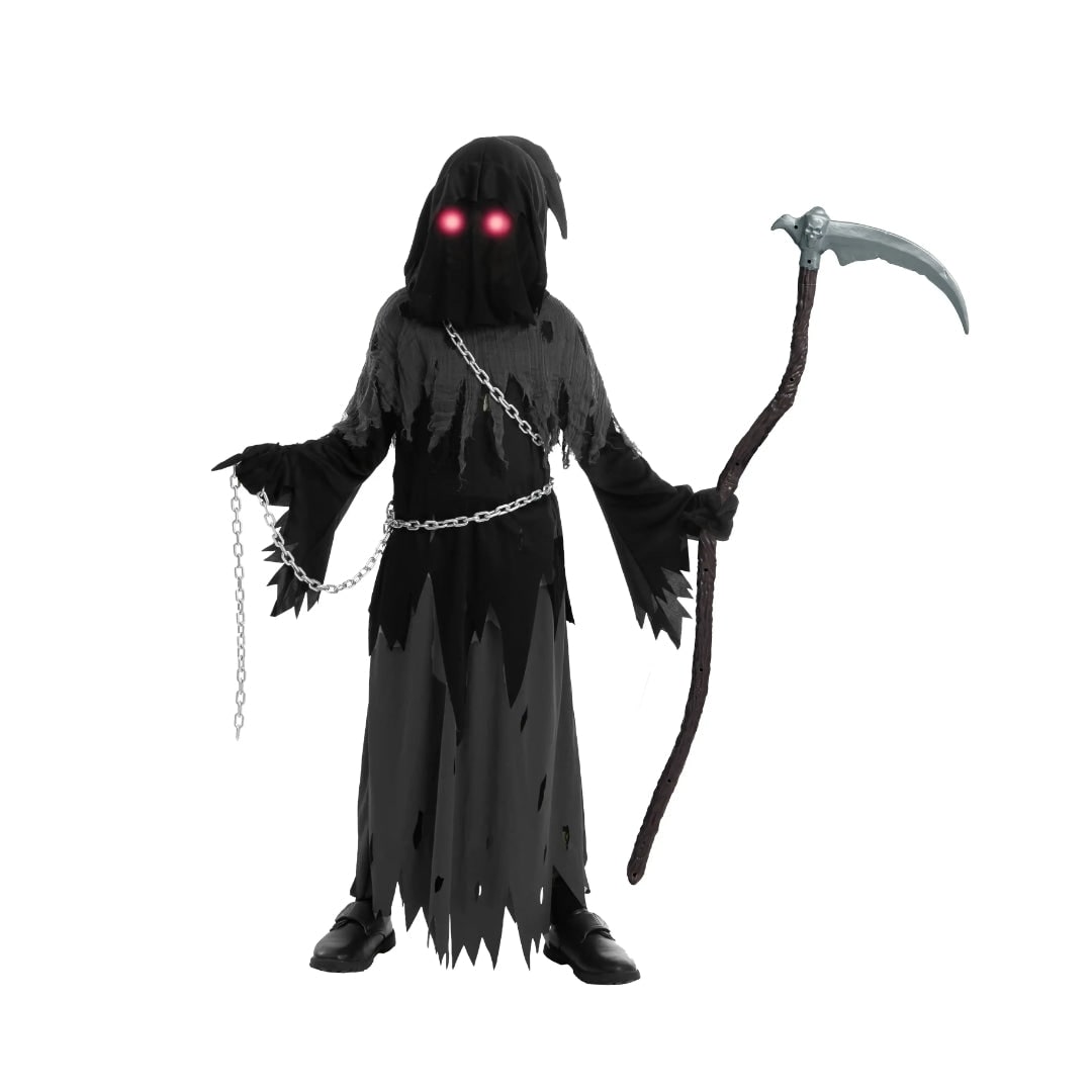 Kids' Halloween Grim Reaper Costume with Glowing Eyes and Toy Scythe - Image 6