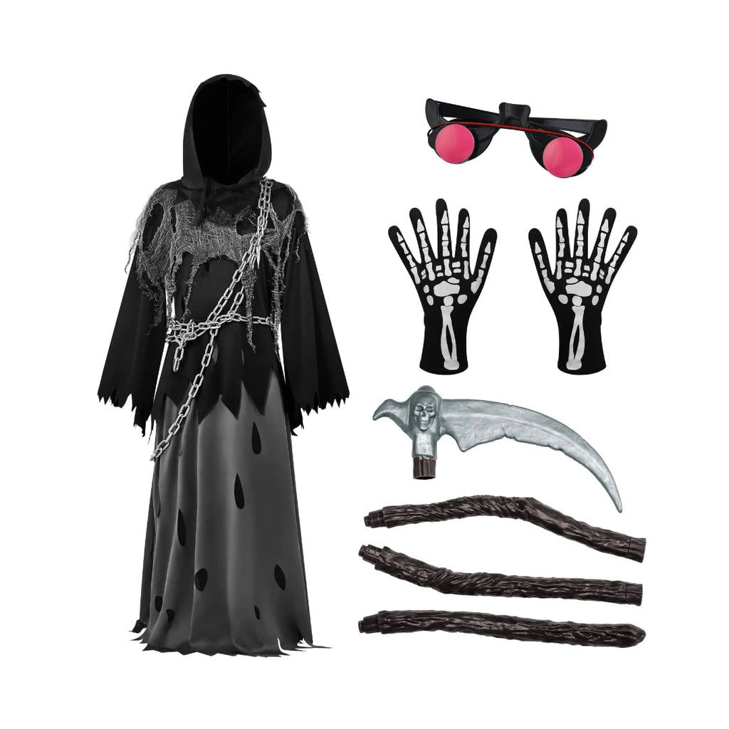 Kids' Halloween Grim Reaper Costume with Glowing Eyes and Toy Scythe - Image 7