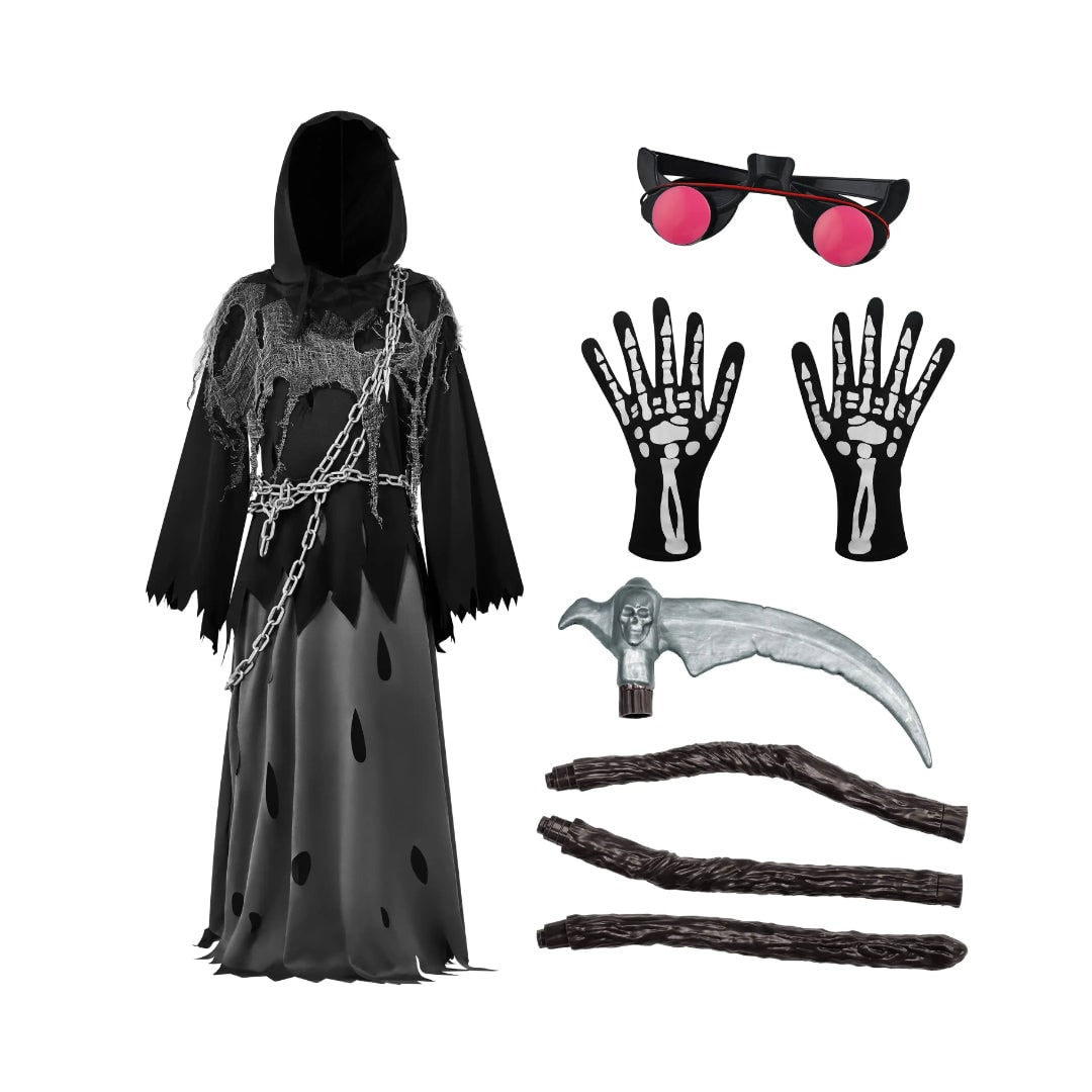 Kids' Halloween Grim Reaper Costume with Glowing Eyes and Toy Scythe - Image 7