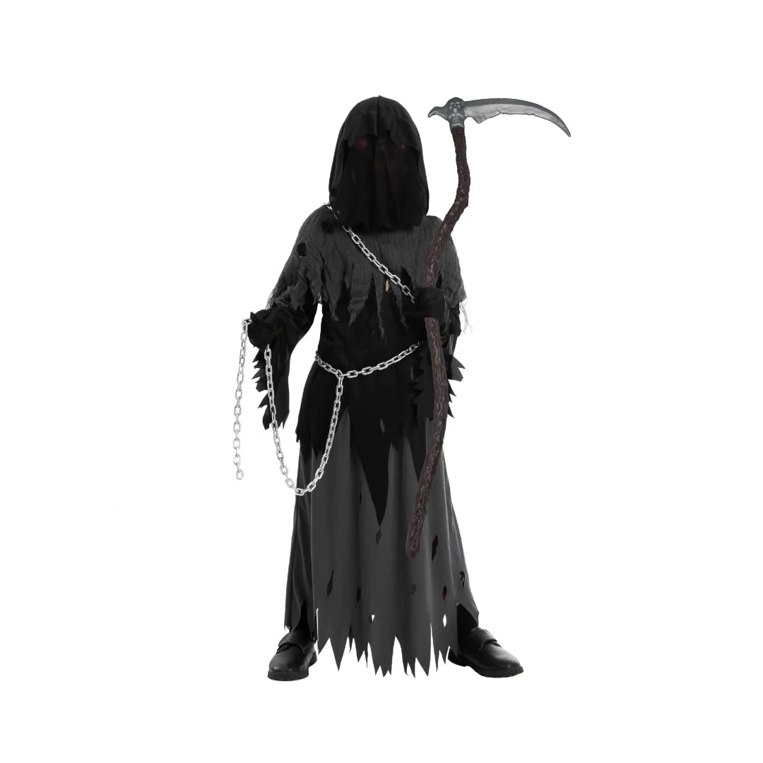 Kids' Halloween Grim Reaper Costume with Glowing Eyes and Toy Scythe - Image 8