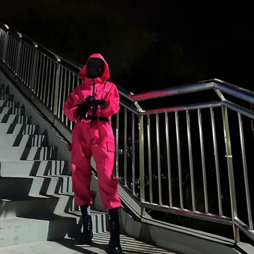 Kids' Halloween Hooded Jumpsuit Costume with Black Belt and Cargo Pockets Pink - Image 1