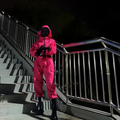 Kids' Halloween Hooded Jumpsuit Costume with Black Belt and Cargo Pockets Pink - Image 1