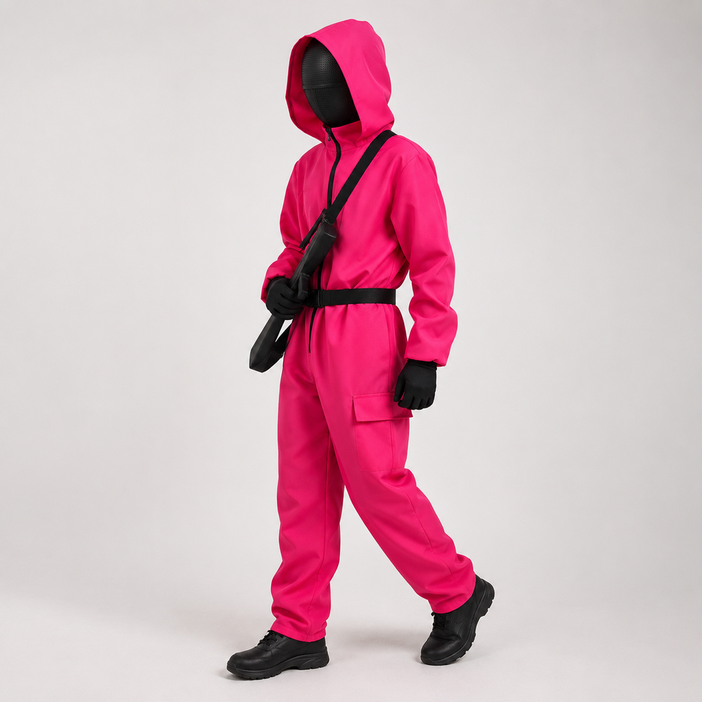 Kids' Halloween Hooded Jumpsuit Costume with Black Belt and Cargo Pockets Pink - Image 2