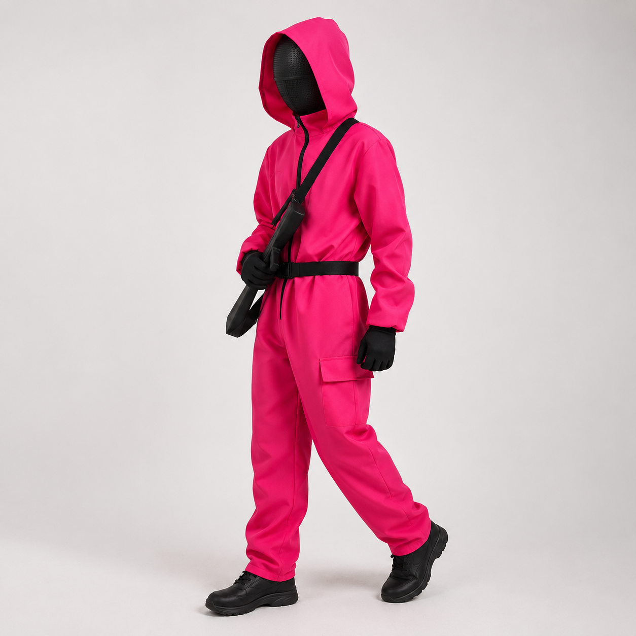 Kids' Halloween Hooded Jumpsuit Costume with Black Belt and Cargo Pockets Pink - Image 2