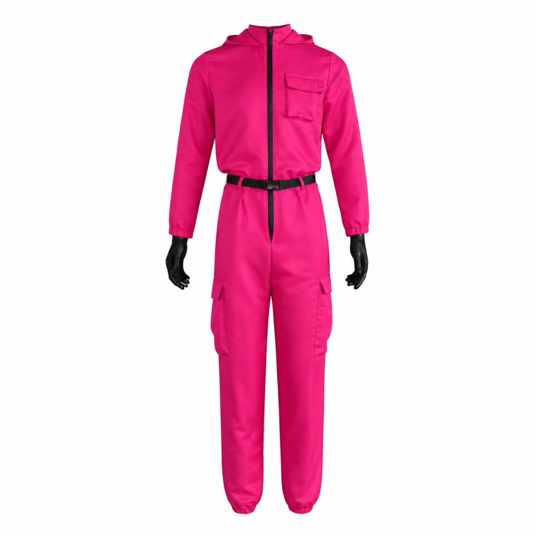 Kids' Halloween Hooded Jumpsuit Costume with Black Belt and Cargo Pockets Pink - Image 3