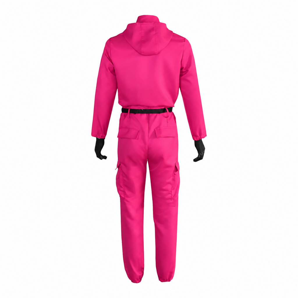 Kids' Halloween Hooded Jumpsuit Costume with Black Belt and Cargo Pockets Pink - Image 4