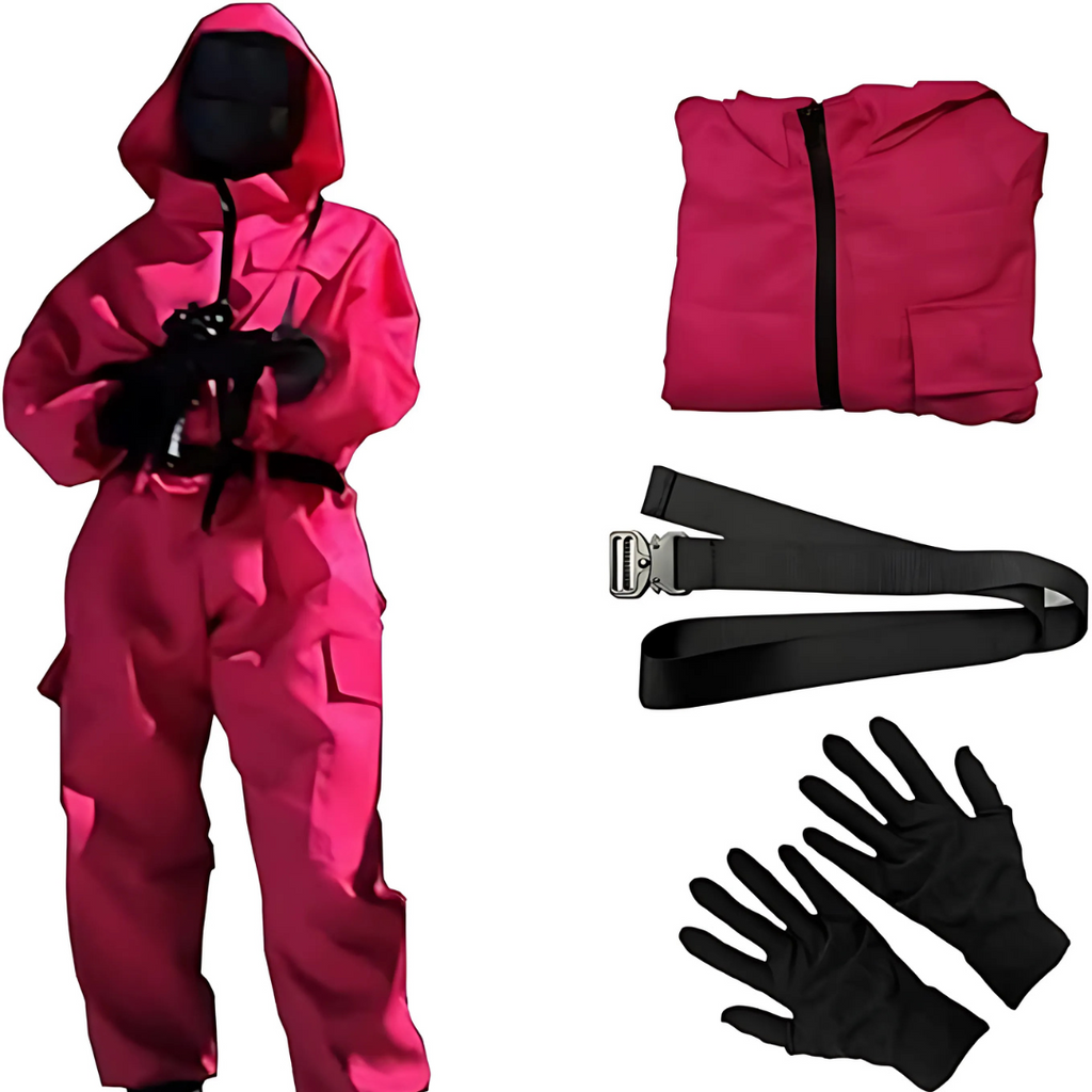 Kids' Halloween Hooded Jumpsuit Costume with Black Belt and Cargo Pockets Pink - Image 6