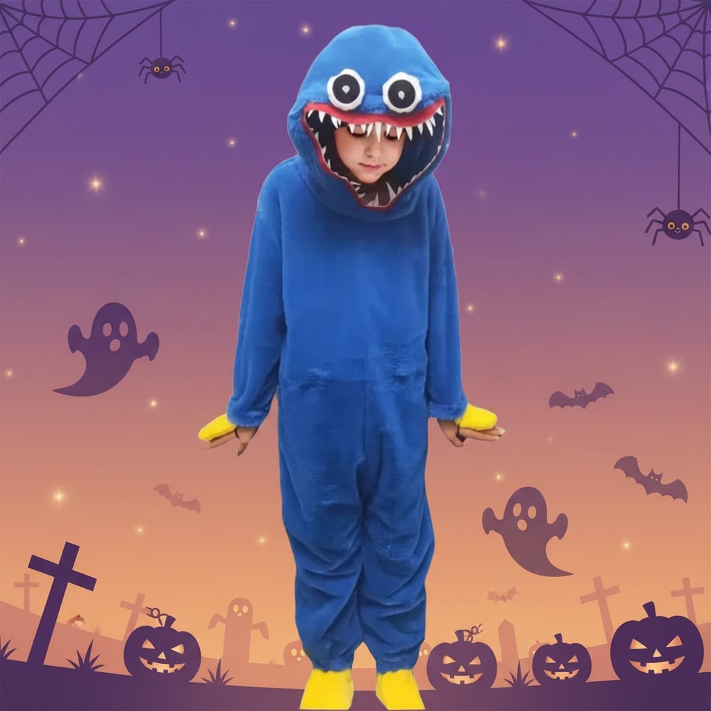 Kids' Halloween Plush Monster Jumpsuit Costume with Hood and Felt Teeth - Image 1
