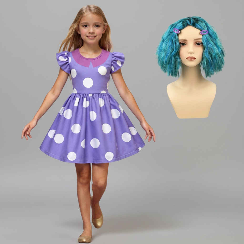 Kids' Halloween Princess Costume Dress with Purple Polka Dots Flutter Sleeves - Image 2