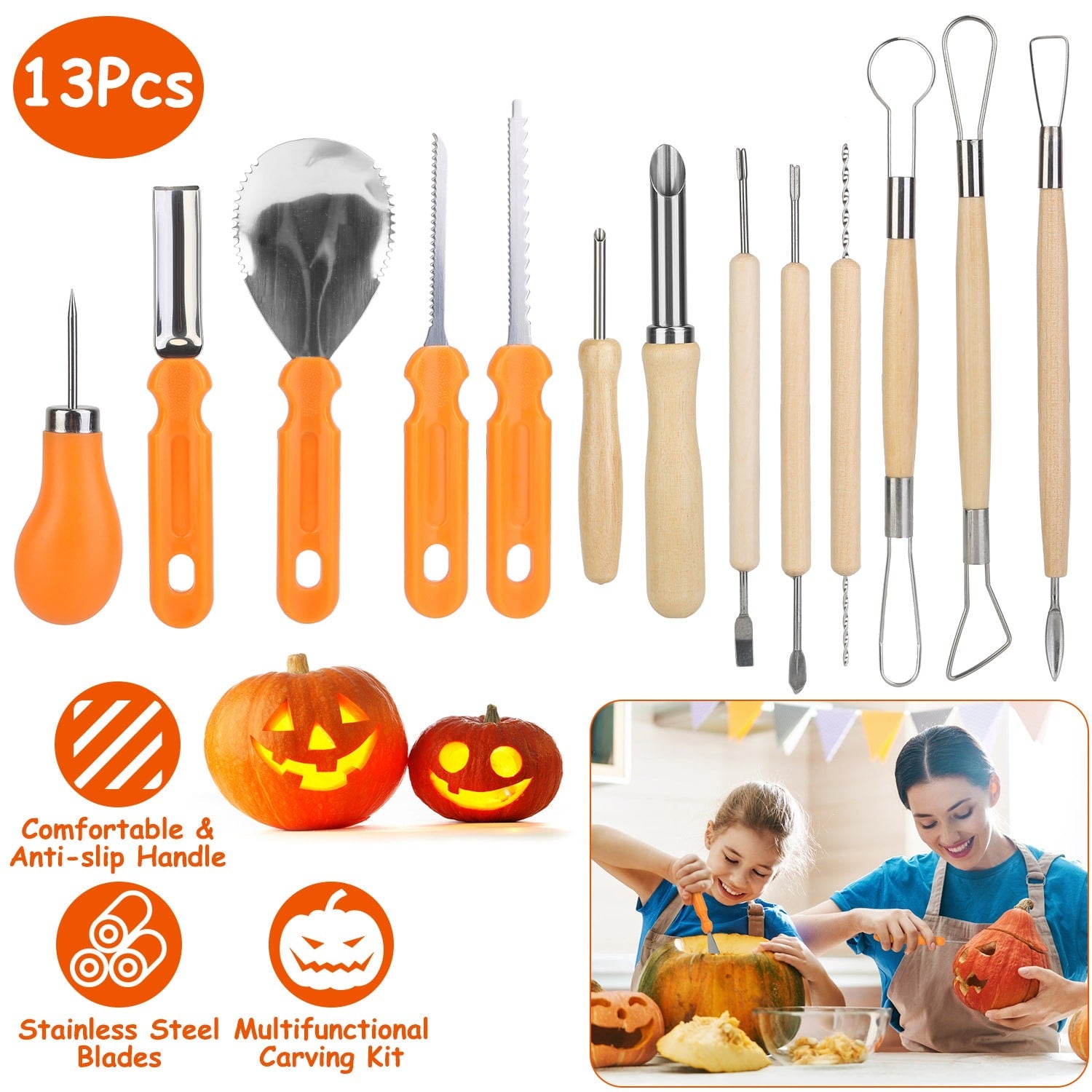 Kids' Halloween Pumpkin Carving Kit and Tools 13-Piece Stainless Steel Set with Saws and Scooper - Image 1