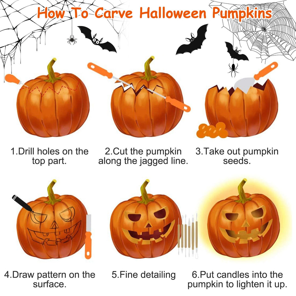 Kids' Halloween Pumpkin Carving Kit and Tools 13-Piece Stainless Steel Set with Saws and Scooper - Image 2