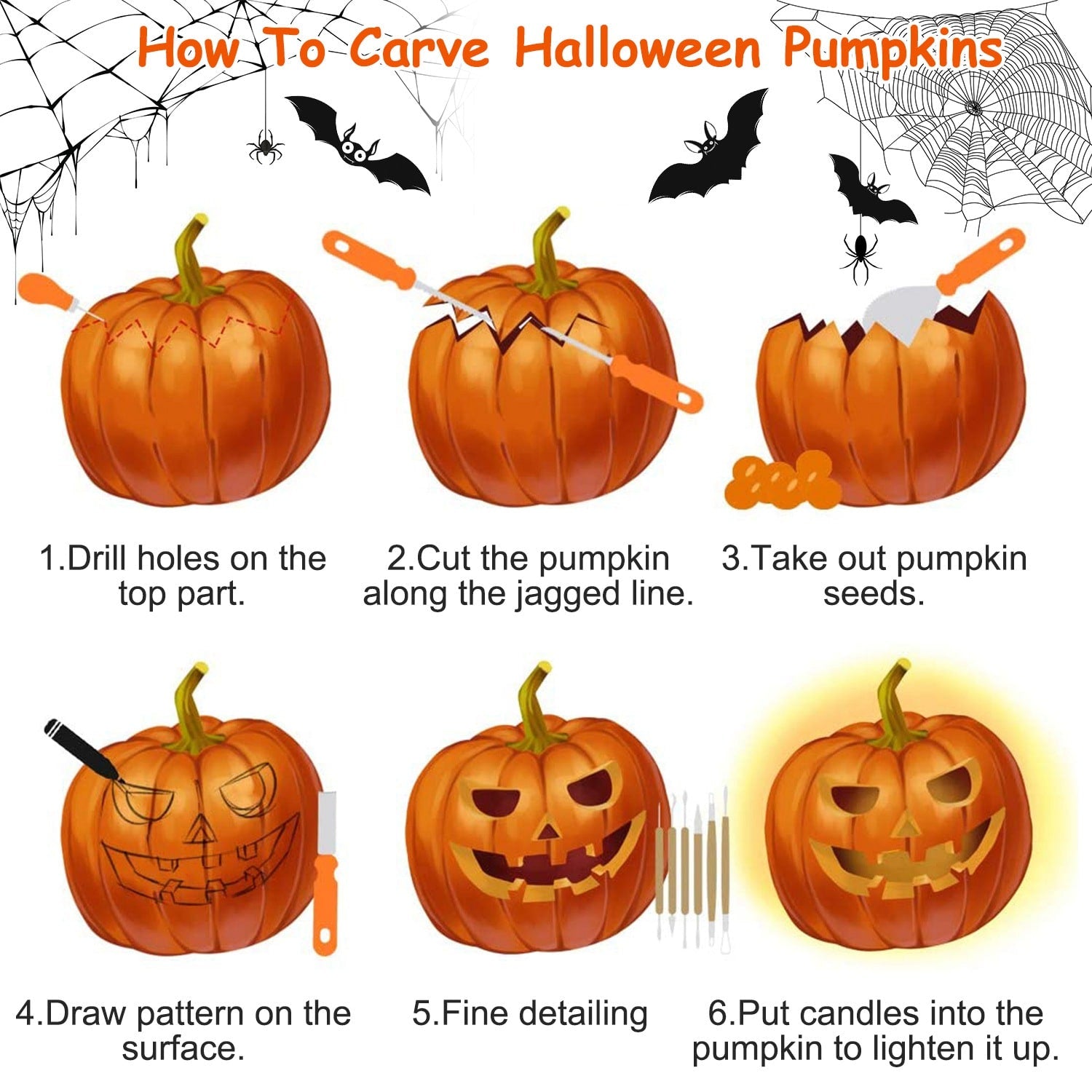 Kids' Halloween Pumpkin Carving Kit and Tools 13-Piece Stainless Steel Set with Saws and Scooper - Image 2