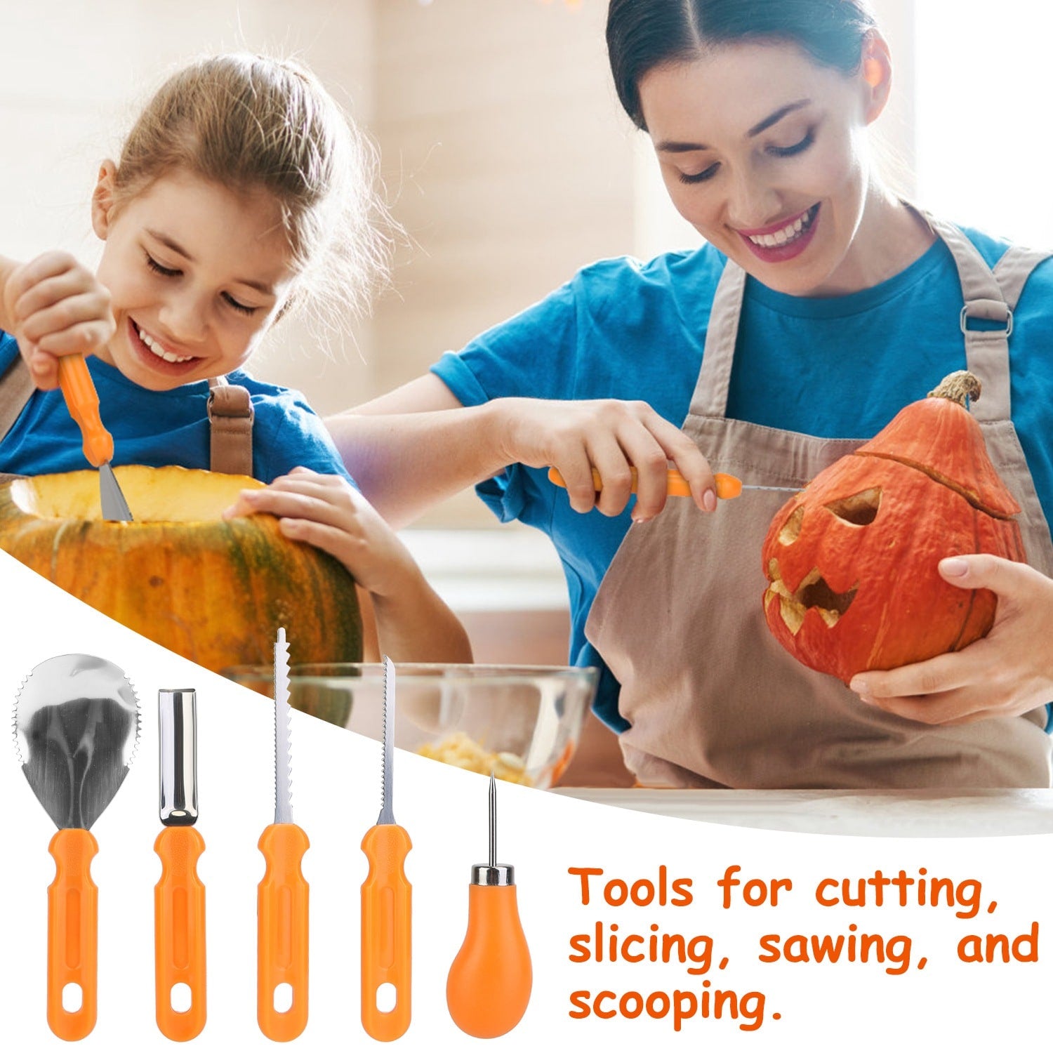 Kids' Halloween Pumpkin Carving Kit and Tools 13-Piece Stainless Steel Set with Saws and Scooper - Image 6