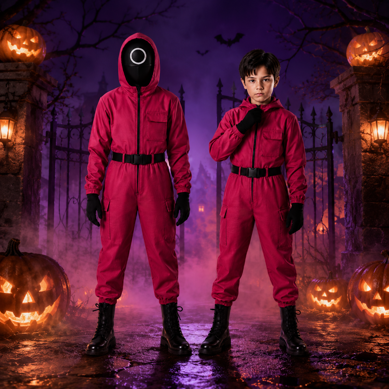 Kids' Halloween Red Hooded Jumpsuit Costume with Mask - Image 1
