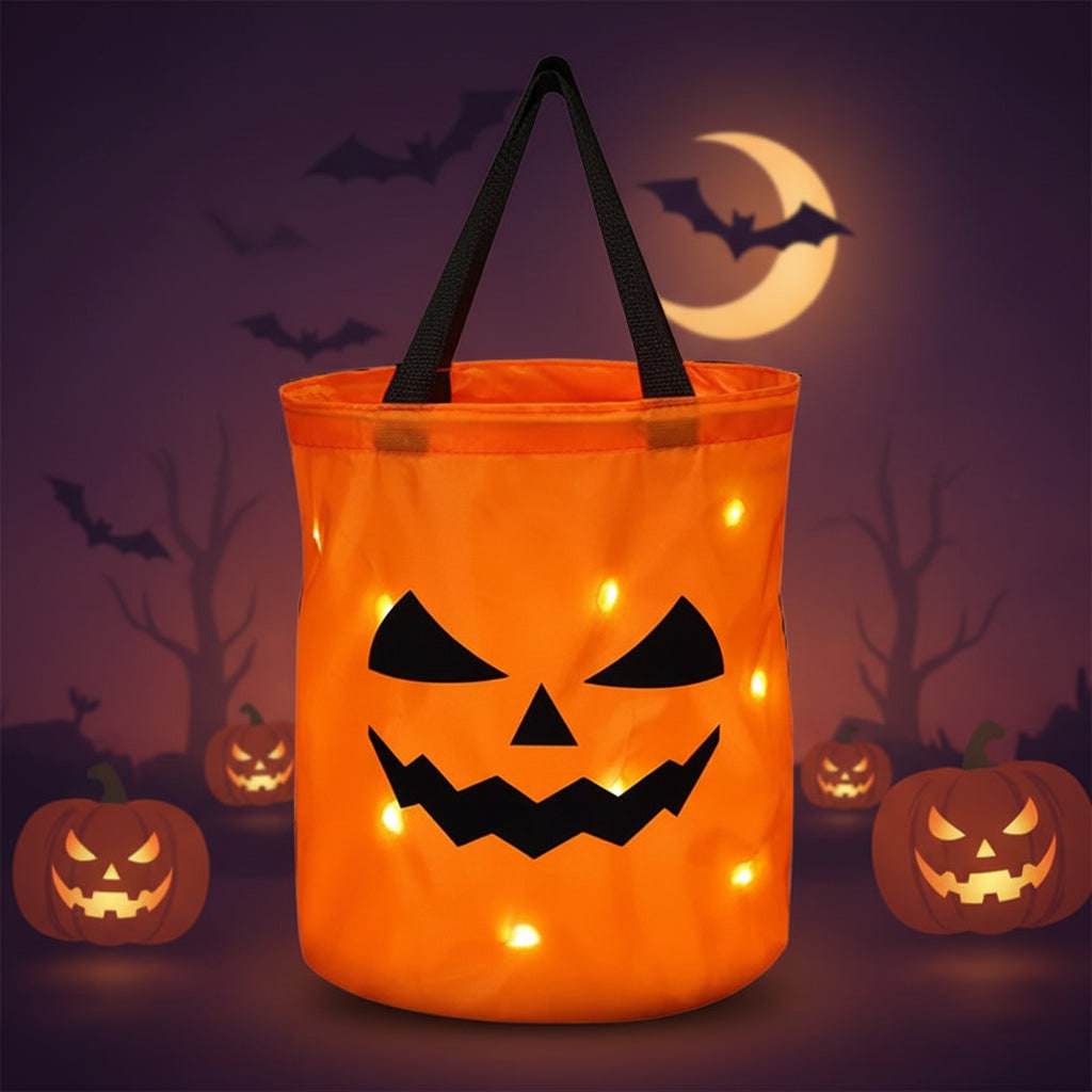 Kids' Halloween Trick or Treat Bag with LED Light Up Pumpkin Design for Candy Collection - Image 3