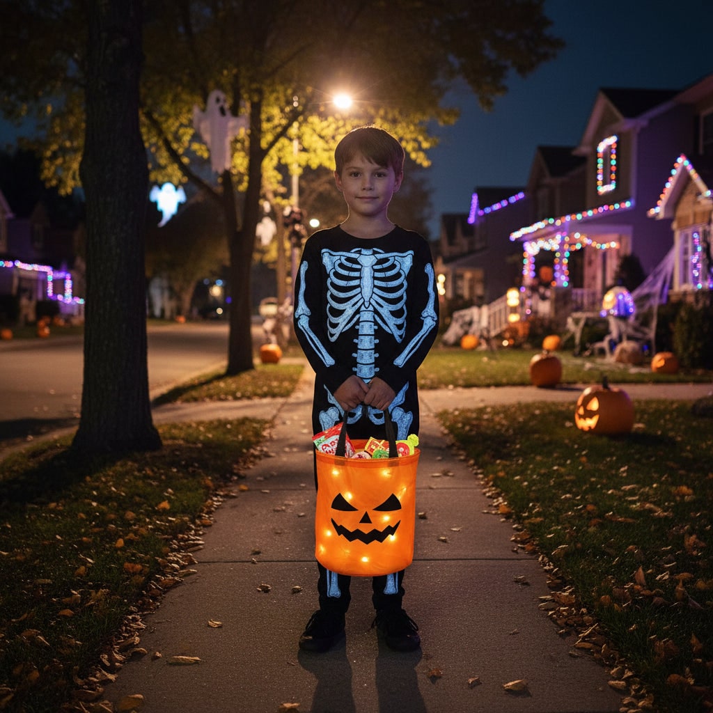 Kids' Halloween Trick or Treat Bag with LED Lights Reusable Candy Bucket for Party Favor Mix - Image 2