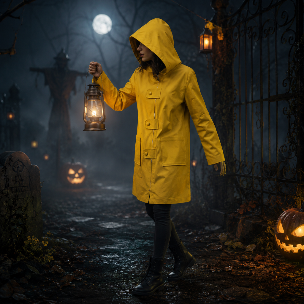 Kids' Halloween Yellow Rain Slicker Raincoat Jacket with Pointed Hood for Cosplay Party - Image 2
