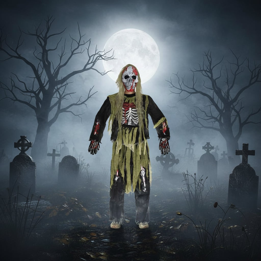 Kids' Halloween Zombie Skeleton Costume with Mask and Gloves for Trick or Treat Party - Image 2