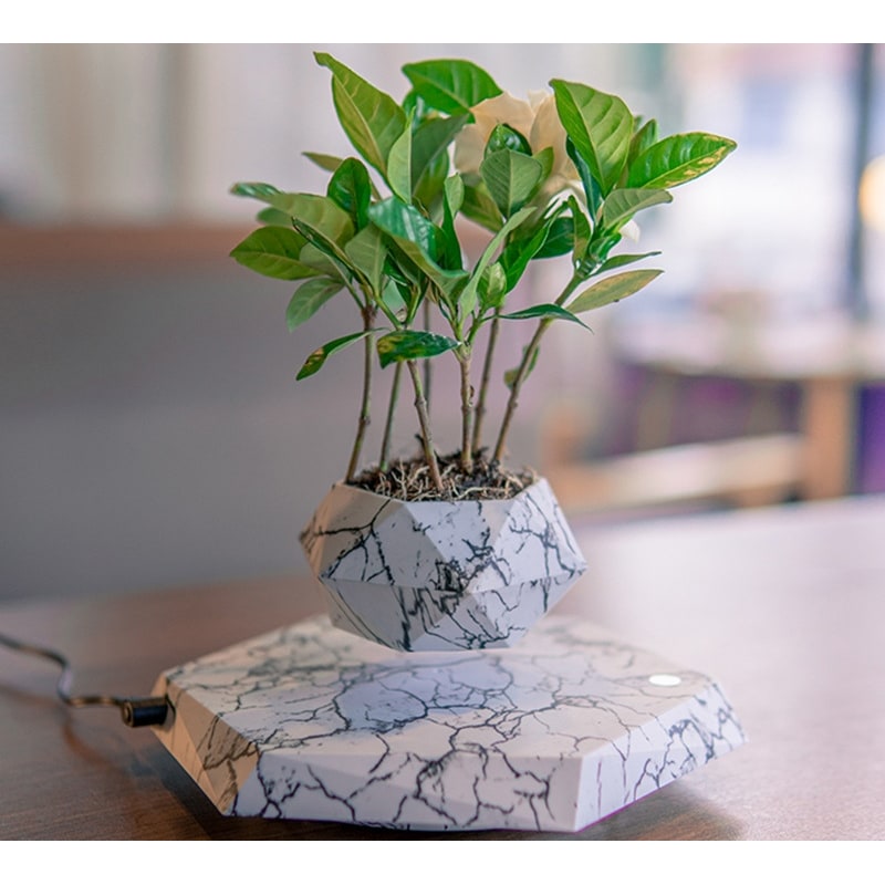 Kids' Levitating Plant Pot with Floating Magnetic Base and Marble Pattern Rotating Planter - Image 10