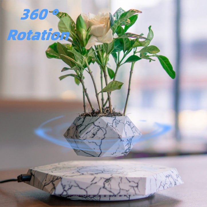 Kids' Levitating Plant Pot with Floating Magnetic Base and Marble Pattern Rotating Planter - Image 3