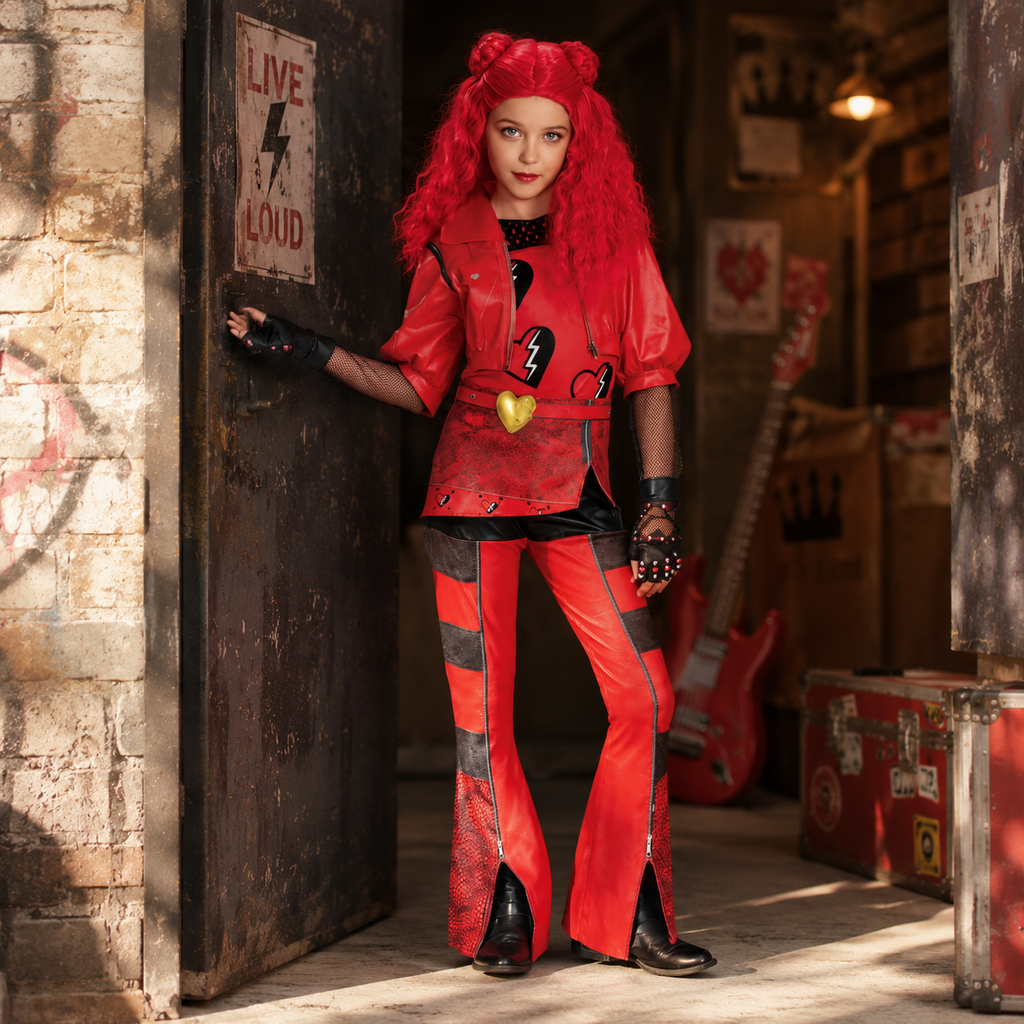 Kids' Little Red Riding Hood Halloween Cosplay Costume with Studded Gloves - Image 1
