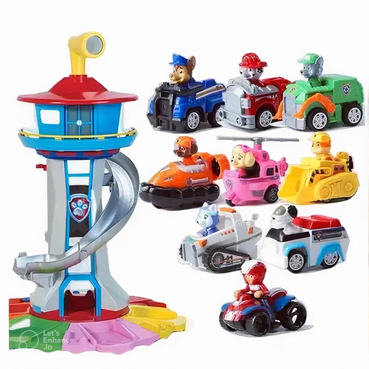 Kids' Lookout Tower Toy with Spiral Slide Rotating Periscope and Rescue Vehicles Playset - Image 4