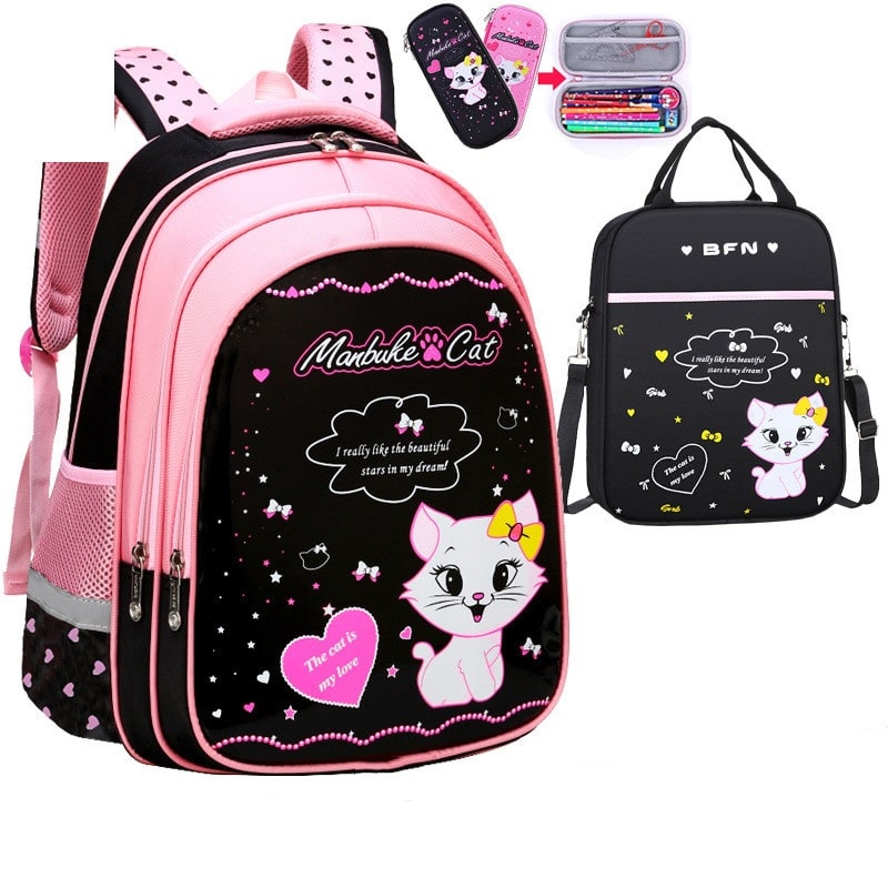 Kids' Lunch Box Backpack Set with Matching Pencil Case Cartoon Cat Print Waterproof and Bag Combo - Image 1