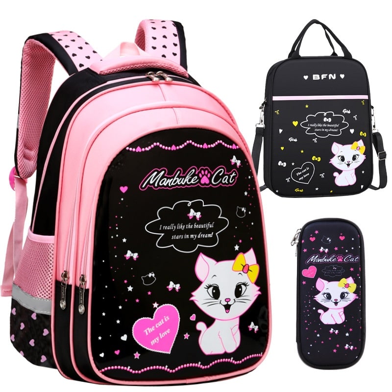 Kids' Lunch Box Backpack Set with Matching Pencil Case Cartoon Cat Print Waterproof and Bag Combo - Image 17