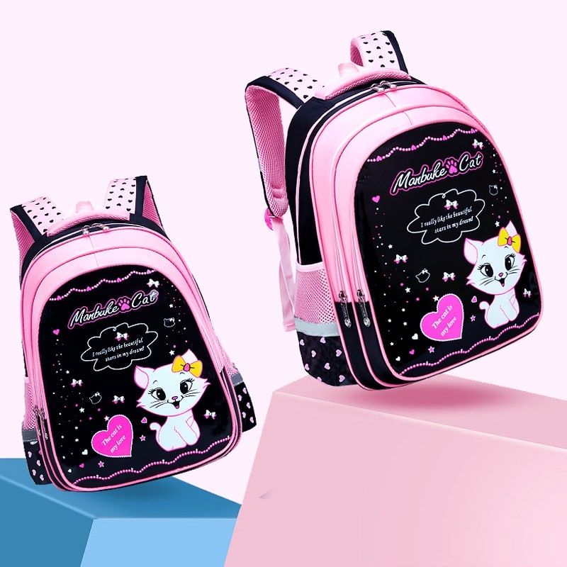 Kids' Lunch Box Backpack Set with Matching Pencil Case Cartoon Cat Print Waterproof and Bag Combo - Image 2