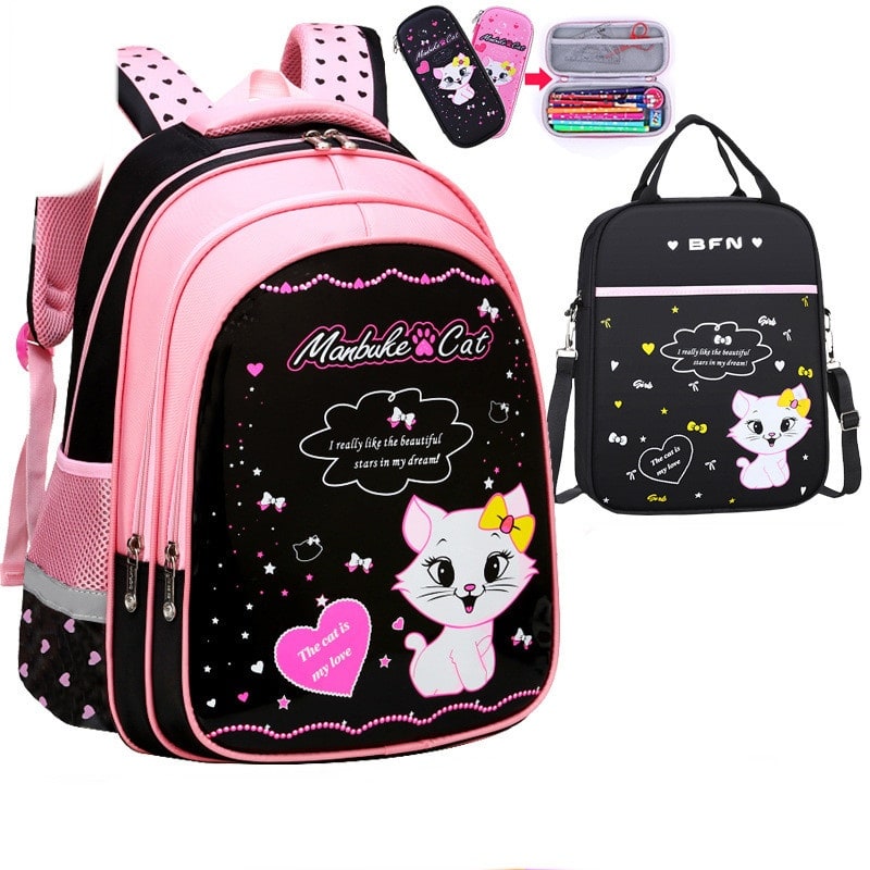 Kids' Lunch Box Backpack Set with Matching Pencil Case Cartoon Cat Print Waterproof and Bag Combo - Image 6