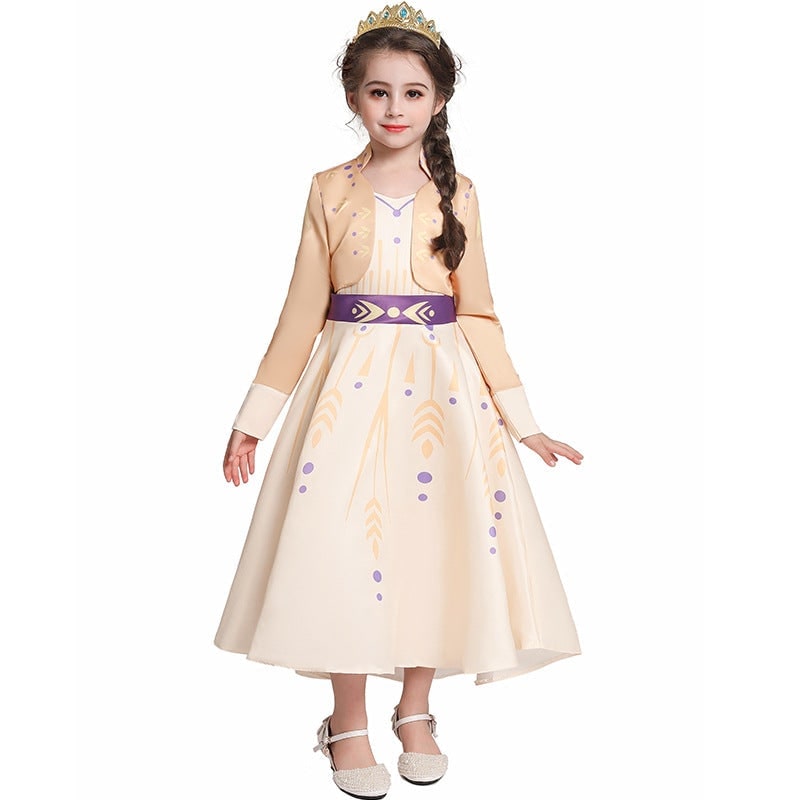 Kids' Princess Costume Dress with Long Sleeves and Gold Sash - Image 7