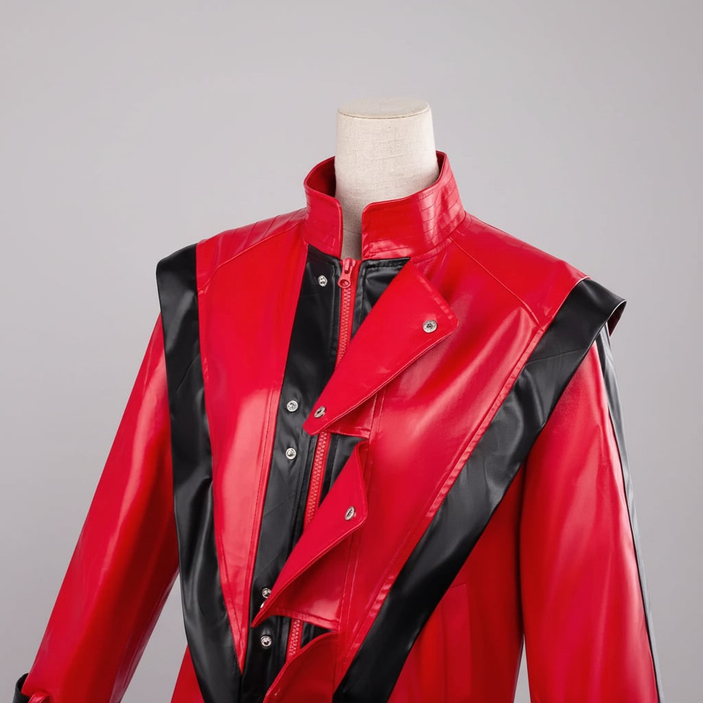 Kids' Thriller Jacket Costume with Red Faux Leather and Black Stripes for Adults - Image 1