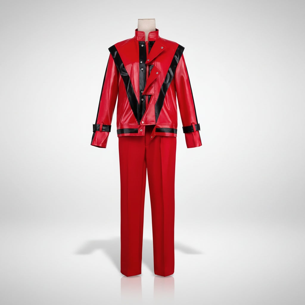Kids' Thriller Jacket Costume with Red Faux Leather and Black Stripes for Adults - Image 2