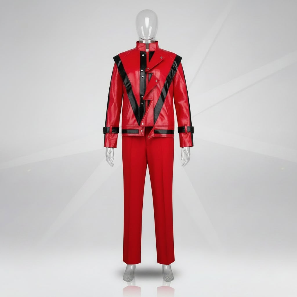 Kids' Thriller Jacket Costume with Red Faux Leather and Black Stripes for Adults - Image 3