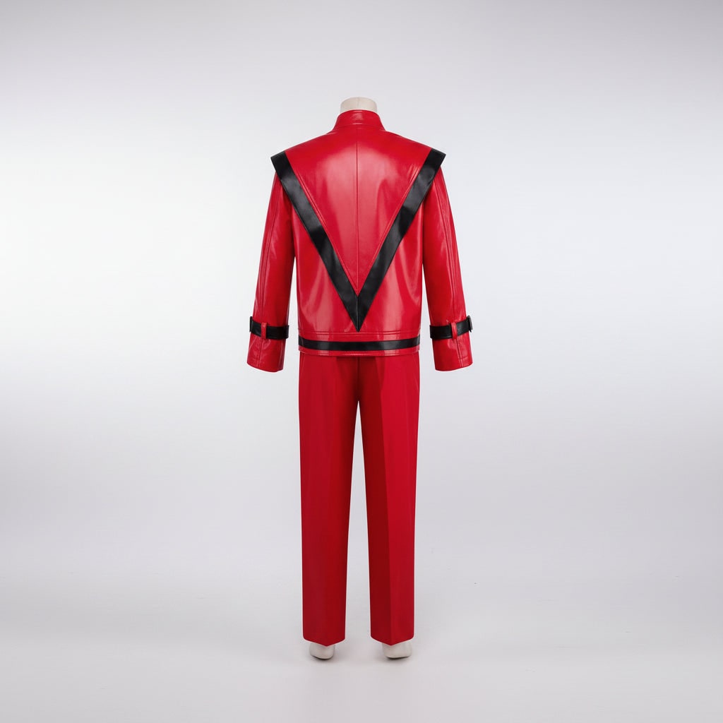 Kids' Thriller Jacket Costume with Red Faux Leather and Black Stripes for Adults - Image 4