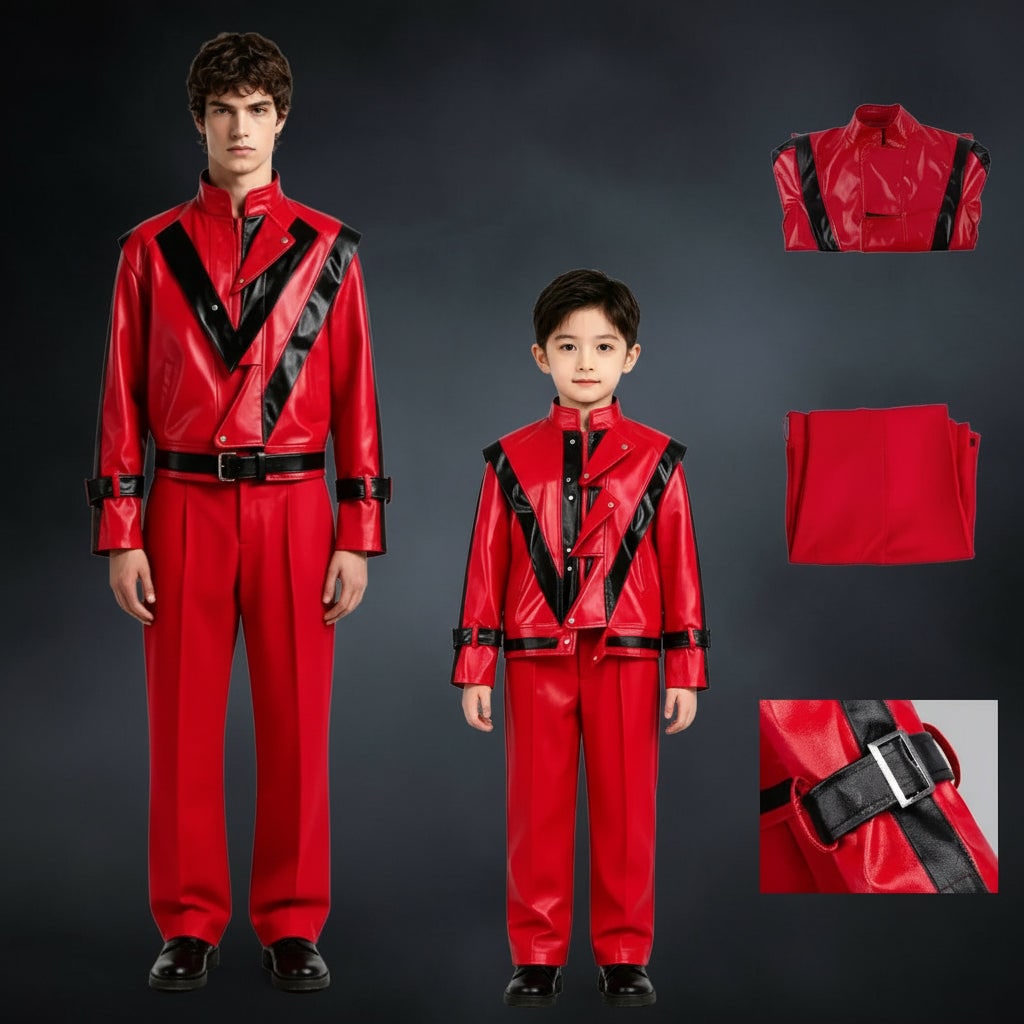 Kids' Thriller Jacket Costume with Red Faux Leather and Black Stripes for Adults - Image 5