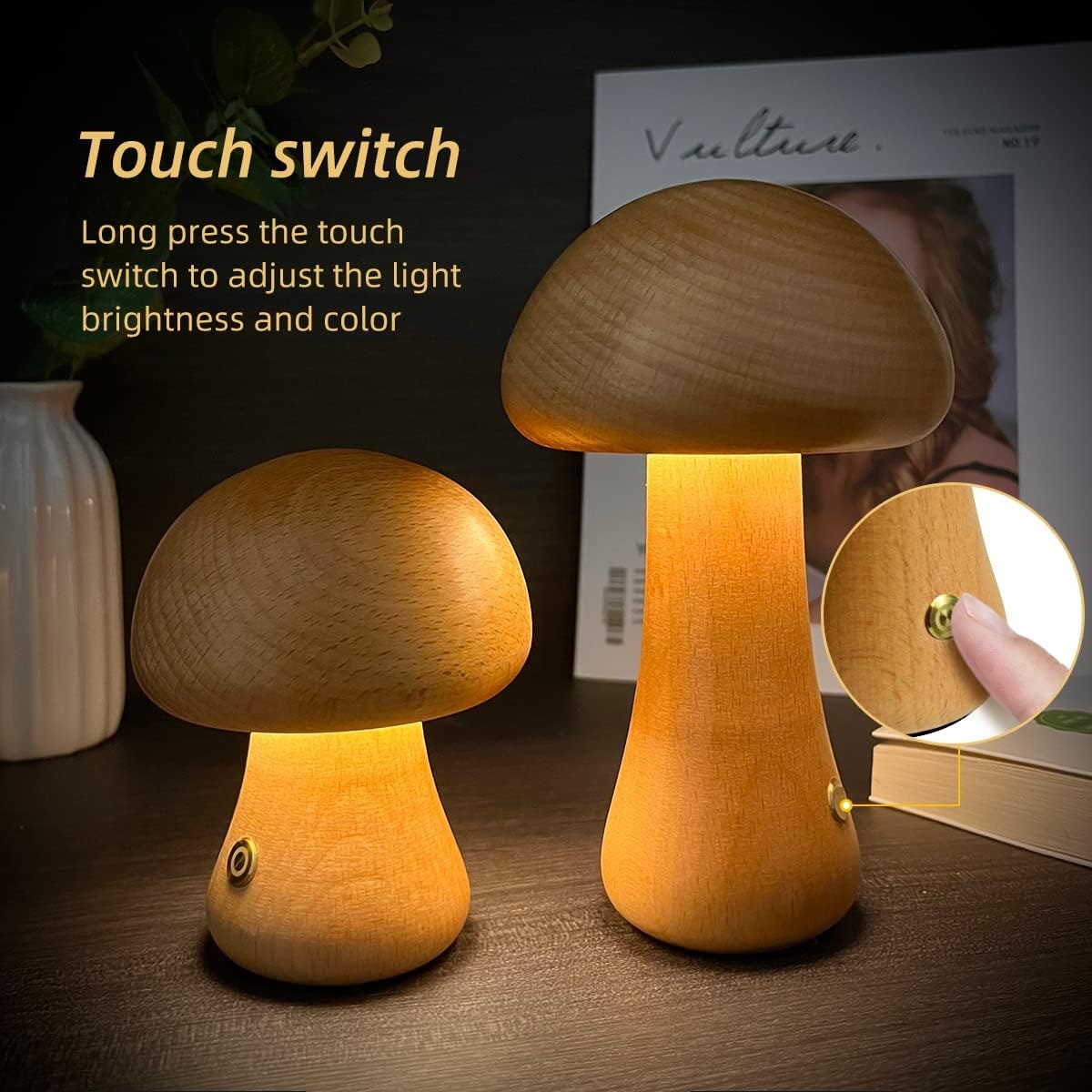 Kids' Wooden Mushroom Night Light and Lamp with Touch Switch for Bedroom Bedside Table Led - Image 1