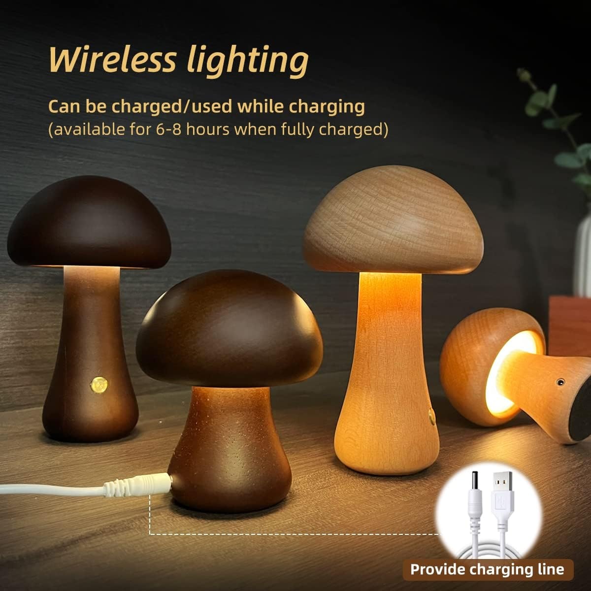 Kids' Wooden Mushroom Night Light and Lamp with Touch Switch for Bedroom Bedside Table Led - Image 3