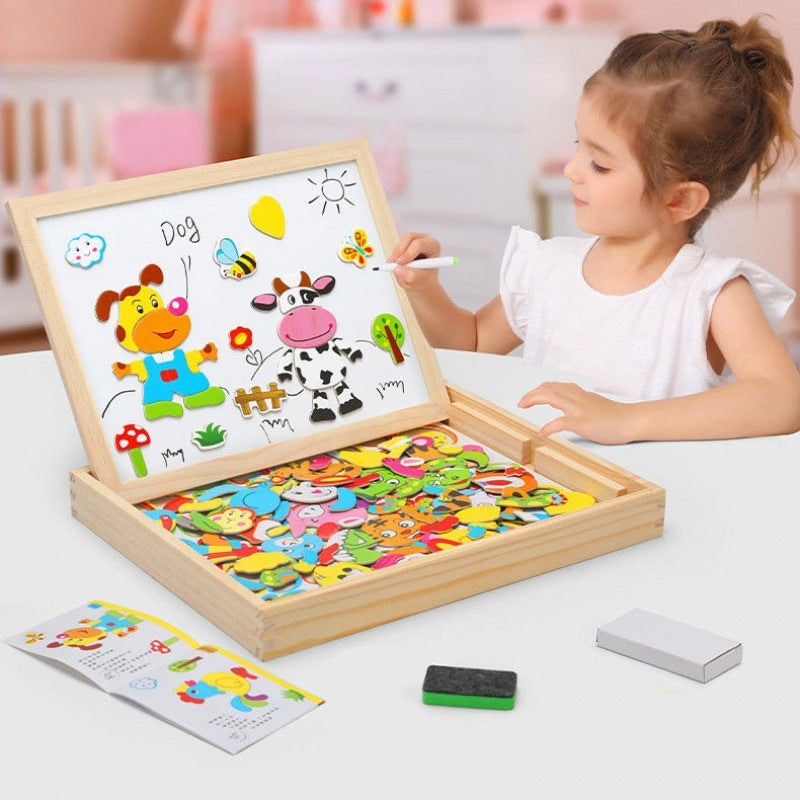 Kids' Wooden Storage Box Magnetic Puzzle with Double-Sided Easel and Chalkboard - Image 1