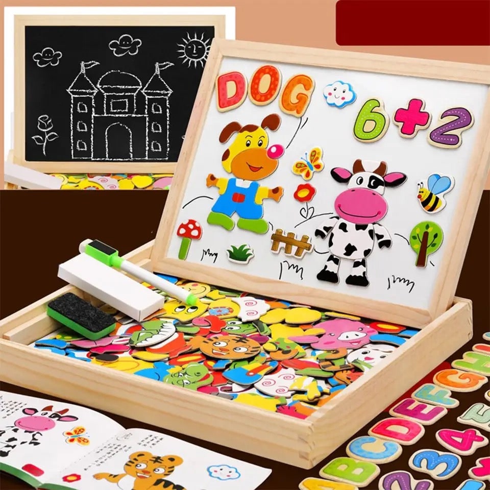 Kids' Wooden Storage Box Magnetic Puzzle with Double-Sided Easel and Chalkboard - Image 2