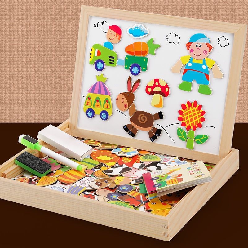 Kids' Wooden Storage Box Magnetic Puzzle with Double-Sided Easel and Chalkboard - Image 4