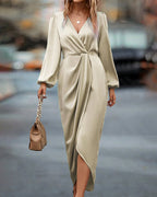 Nerise Calen. – Women’s V-Neck A-Line Midi Dress with Lantern Sleeves