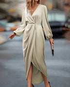 Nerise Calen. – Women’s V-Neck A-Line Midi Dress with Lantern Sleeves