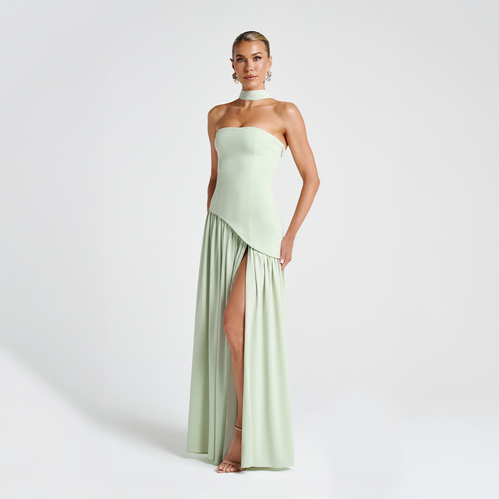 Strapless Asymmetrical Long Dress with High Slit for Women – Elegant Evening Dress for Parties, Events and Special Occasions