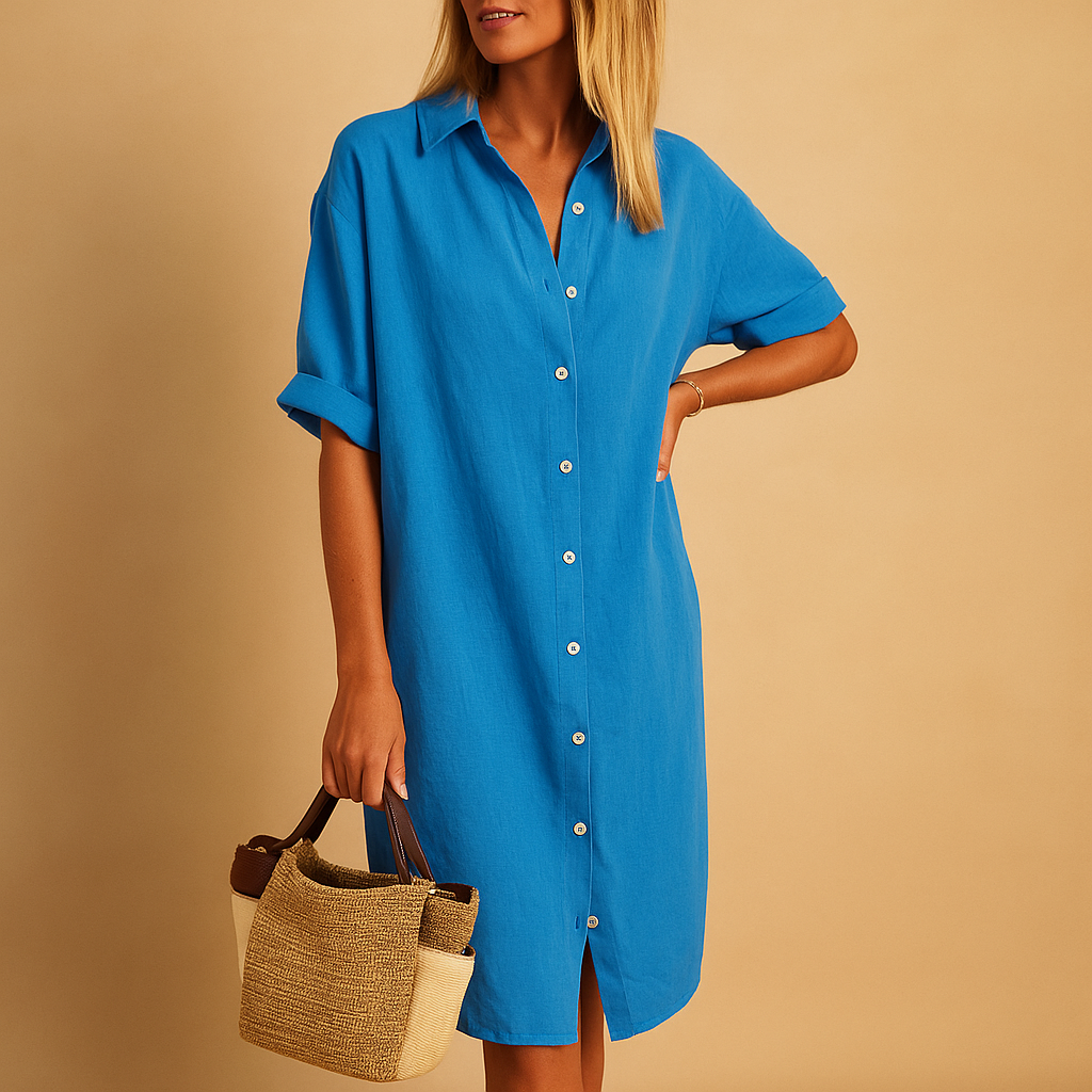 Rhea Soline. – Women’s Long Shirt Dress with Short Sleeves