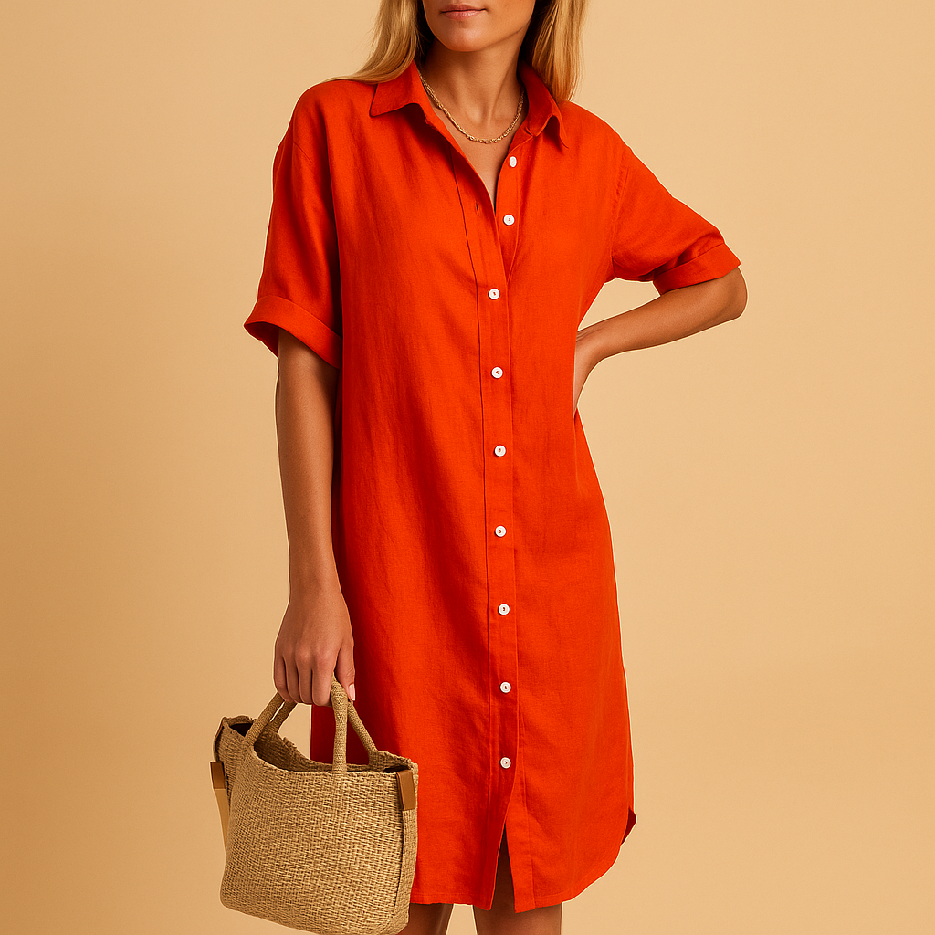 Rhea Soline. – Women’s Long Shirt Dress with Short Sleeves