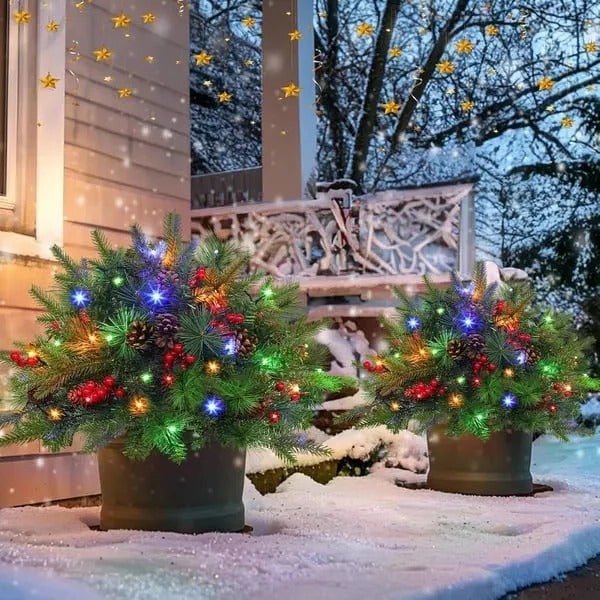 LED Christmas Urn Filler Pre-Lit Holiday Artificial Arrangement Evergreen Pinecones Berries - Image 4